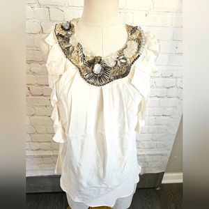 Hannah Jo Silk Top w/ Removable Intricate Bib Necklace | Cream | Small | EUC